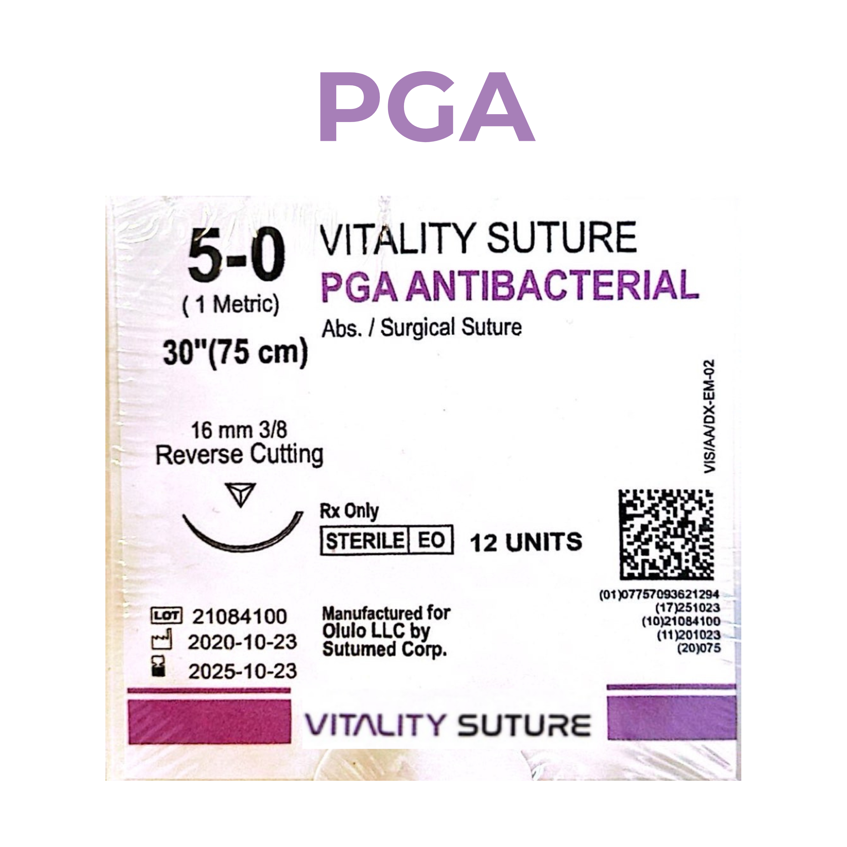 PGA (Polyglycolic Acid) Violet Suture 5-0, 30'',16mm, 3/8 Reverse Cutting Needle - Vitality™ (Box of 12)