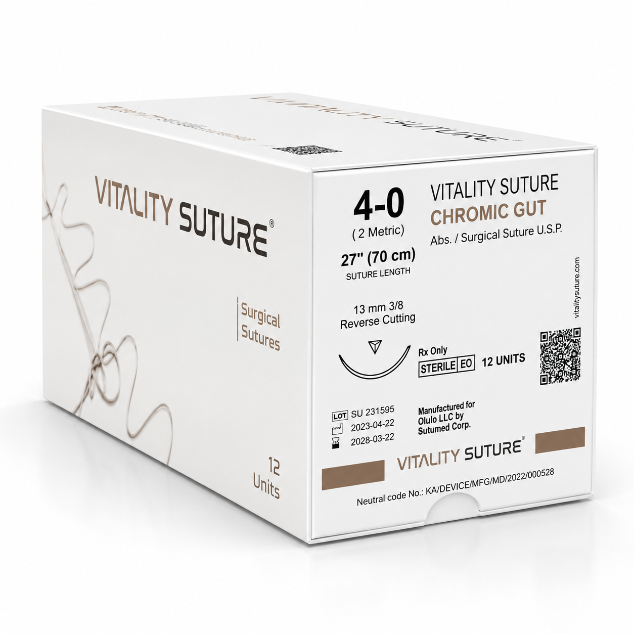 Chromic Gut Suture 4-0, 27" Thread with 13mm, 3/8 Reverse Cutting Needle. Brown. - Vitality™(Box of 12)