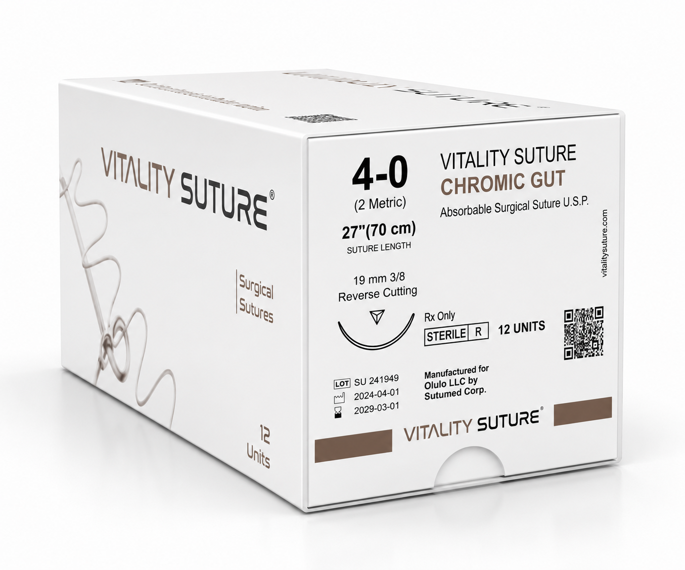 Chromic Gut Suture 4-0, 27" Thread with 19mm, 3/8 Reverse Cutting Needle. Brown.  - Vitality™(Box of 12)