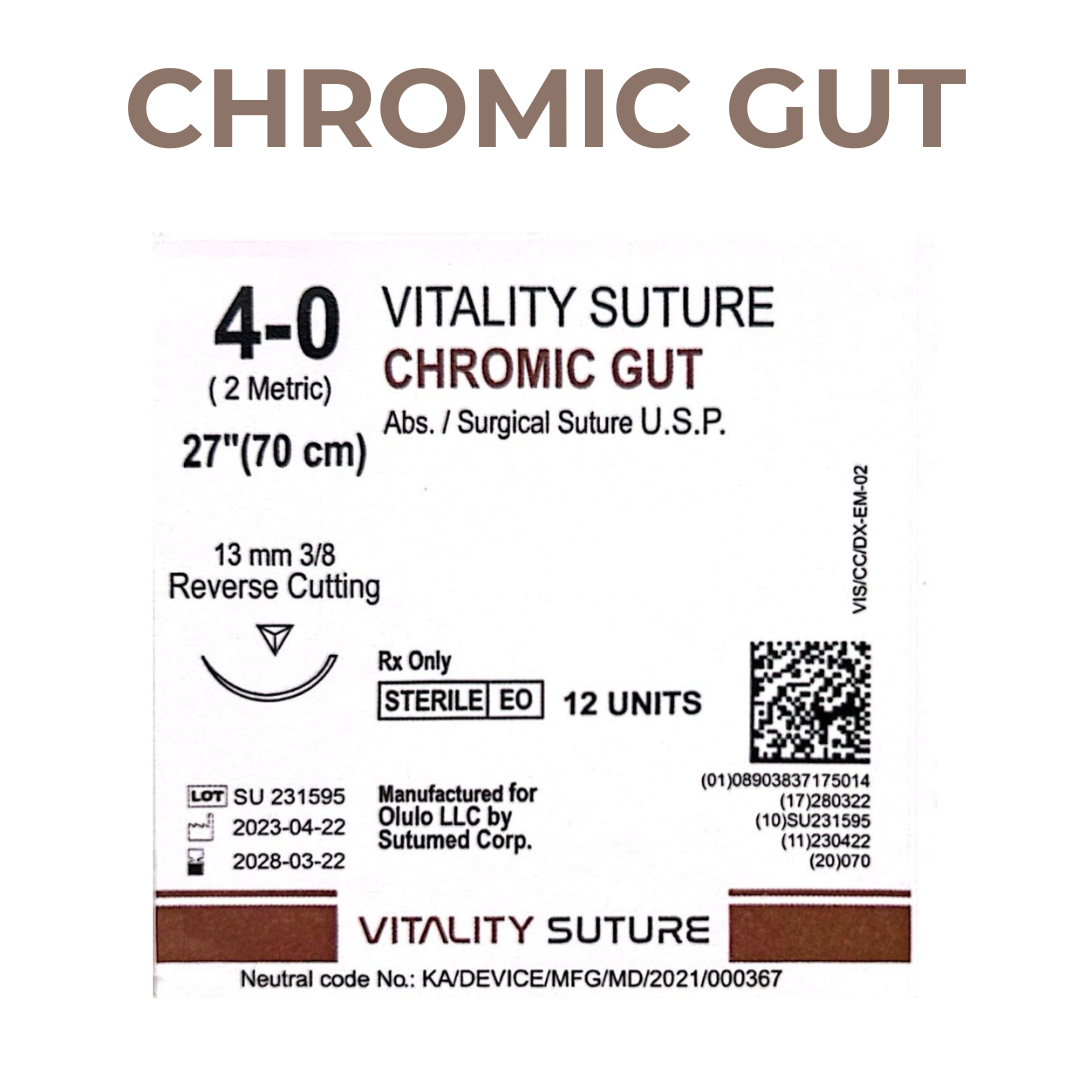 Chromic Gut Suture 4-0, 27" Thread with 13mm, 3/8 Reverse Cutting Needle. Brown. - Vitality™(Box of 12)