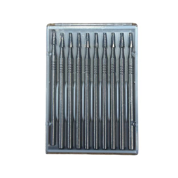 Pack of 10 Vitality 703 surgical carbide fissure burs with HP Shank 1 in tray packaging