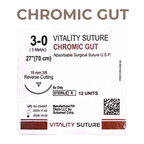 Chromic Gut Suture 3-0, 27" Thread with 19mm, 3/8 Reverse Cutting Needle. Brown.  Information.