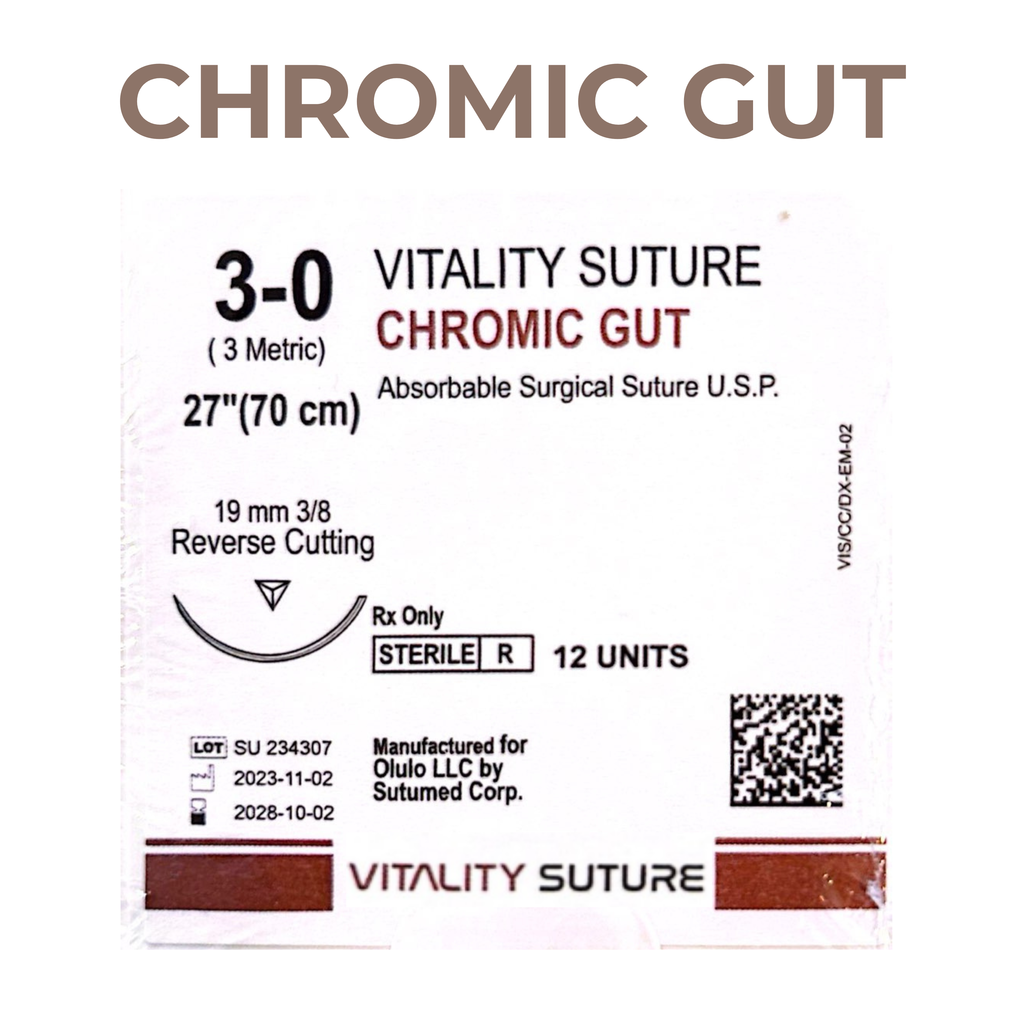 Chromic Gut Suture 3-0, 27" Thread with 19mm, 3/8 Reverse Cutting Needle. Brown.  Information.