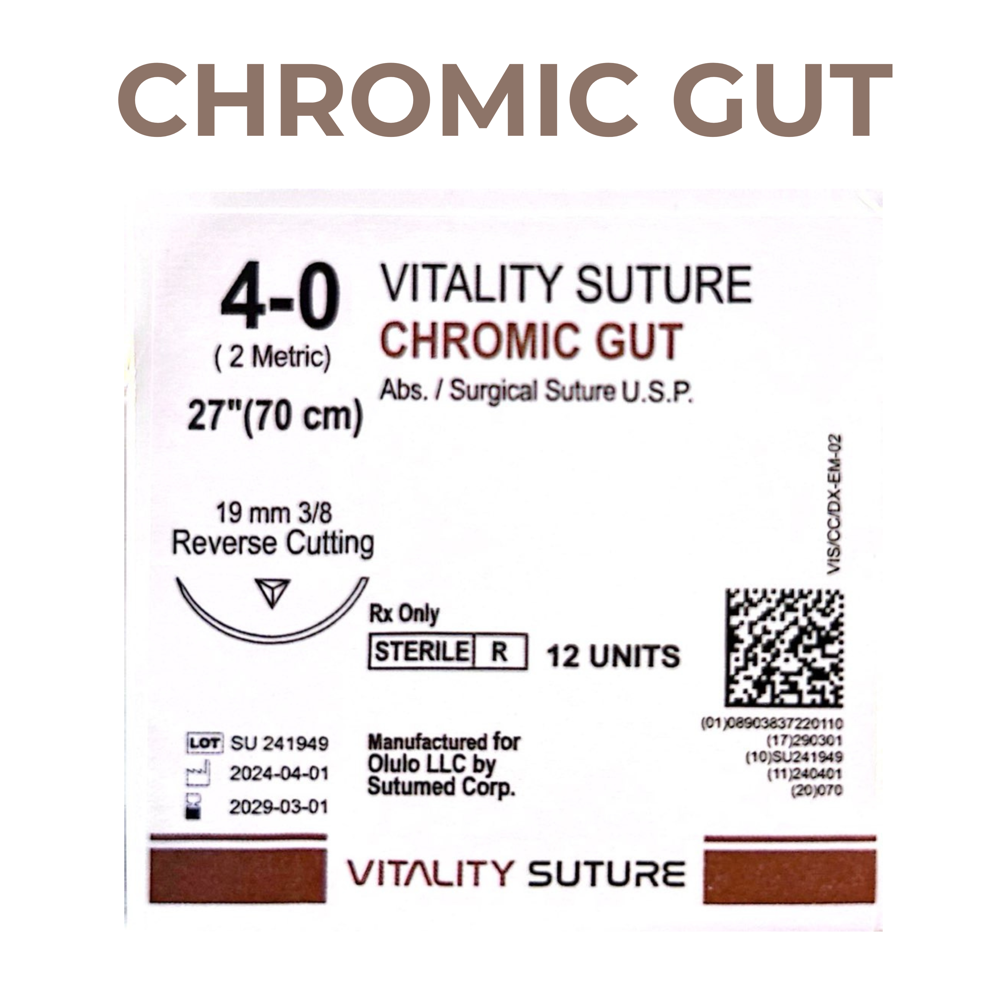Chromic Gut Suture 4-0, 27" Thread with 19mm, 3/8 Reverse Cutting Needle. Brown. Information.