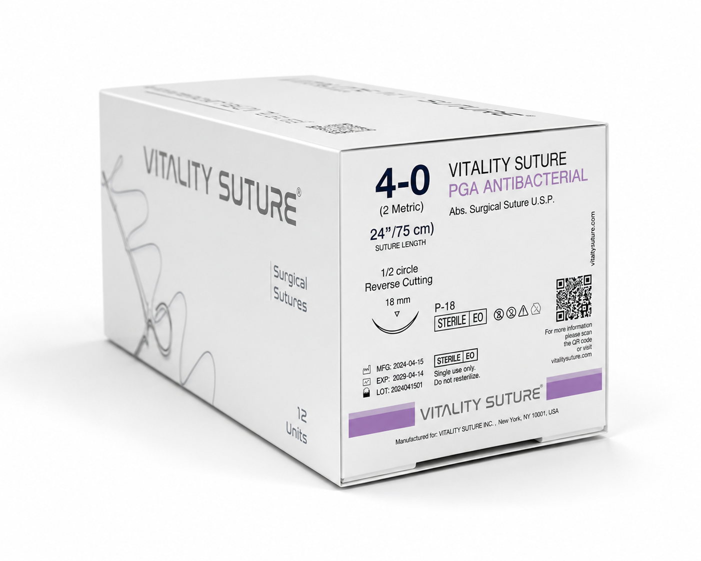 Vitality 4-0 PGA (Polyglycolic Acid) Suture, Violet, 28'',19mm, 3/8 Reverse Cutting Needle - Vitality™ (Box of 12)